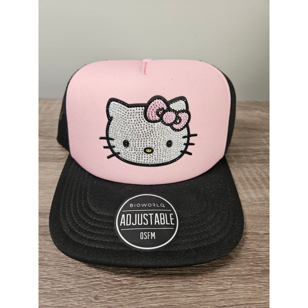 Sanrio Hello Kitty Rhinestone Pink Black Trucker Hat Snapback Cap Bioworld NEW